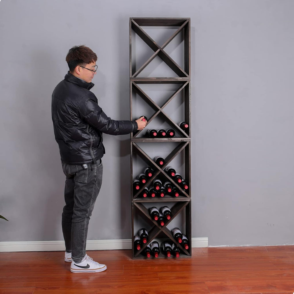 Wine Rack Cabinet countertop Wooden Stackable Storage Retro Cube 24 Bottles freestanding Floor Wine Holder Stand (Black)