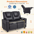 HONEY JOY 2-Seater Kids Recliner, Double Toddler Loveseat Sofa w/2 Cup Holders, 2 Side Pockets, Adjustable Backrest & Footrest, PU Leather Children Couch for Boys Girls Age 3+ (Black)