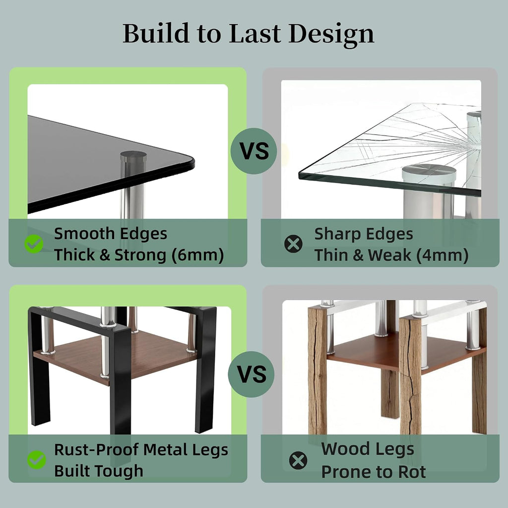 17.72'' Glass Side Table Set of 2, 2 Tier Couch End Table with Tempered Glass Top & Metal Lges, Black End Tables with Brown Top, Small Nightstand Set of 2 for Living Room, Small Space