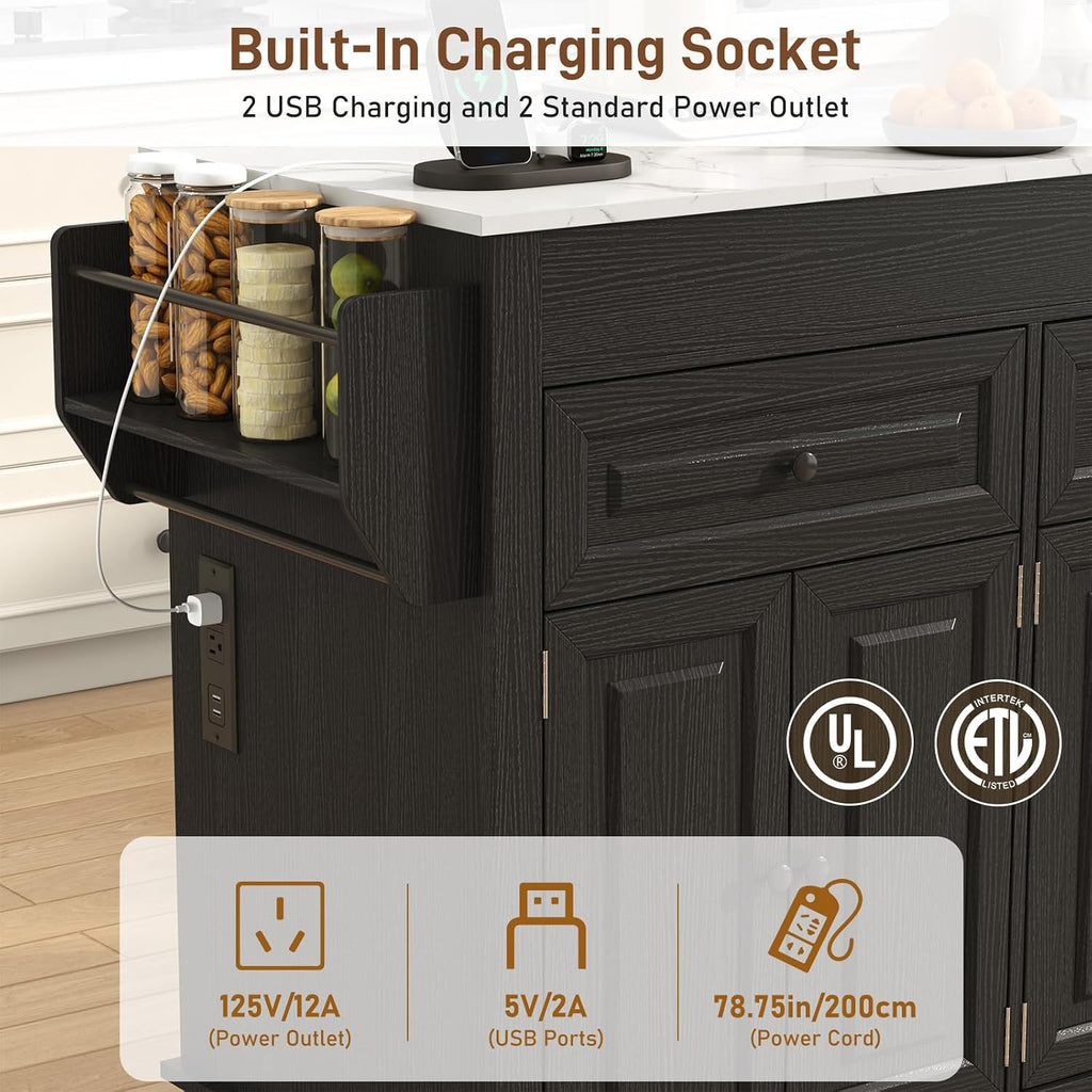 80"-48" Extendable Kitchen Island with Extended Dining Table and Power Outlet,Large Mobile Kitchen Storage Islands with 2 Storage Drawers,Rolling Islands Cart with 3 Extra Rows Open Shelves(Marble Bl)