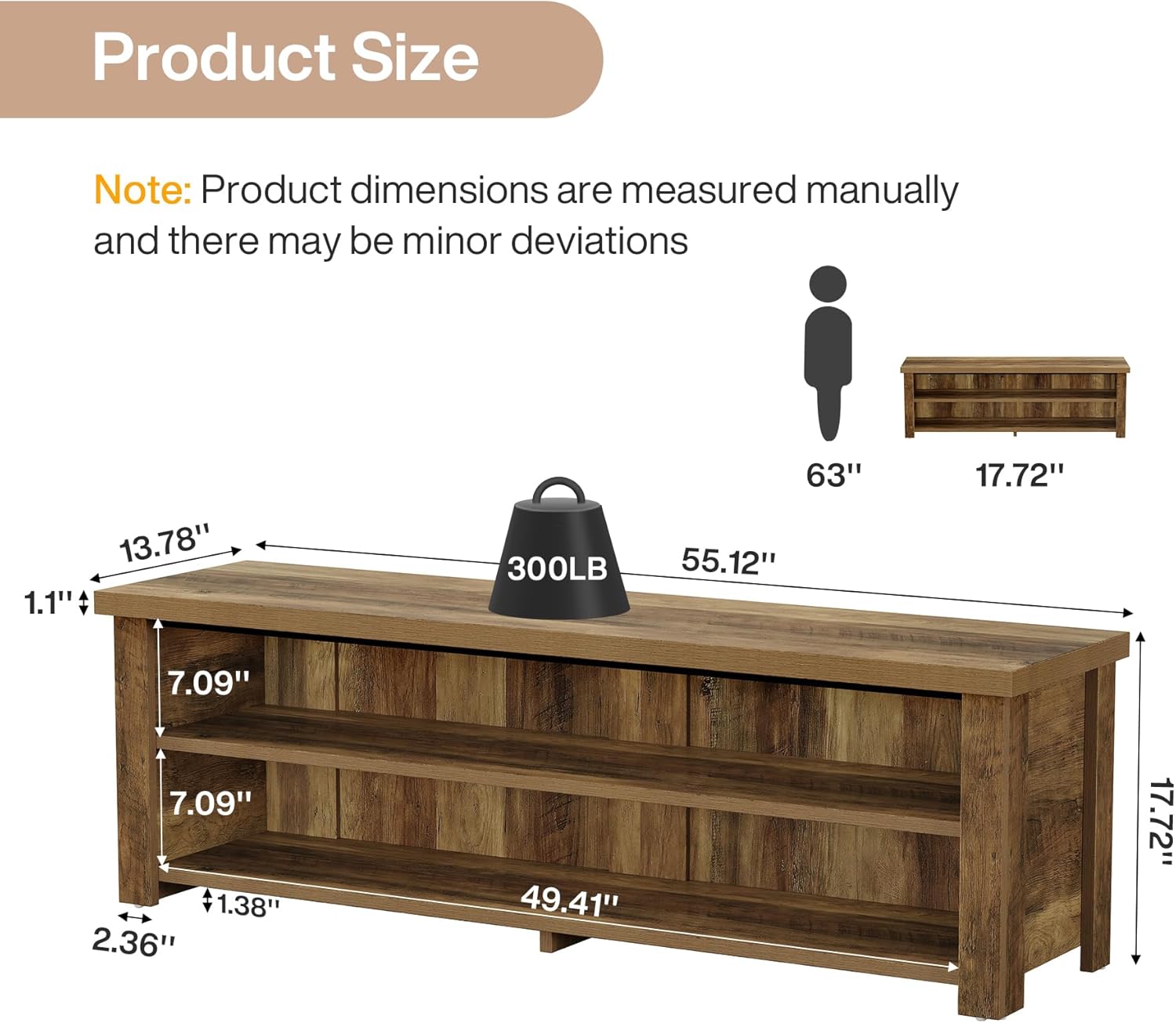 Tribesigns 55.12" Entryway Bench with Storage, Farmhouse Shoe Storage Bench with 2-Tier Shelves, Shoe Rack for Entryway, Hallway, Mudroom, Bedroom, Rustic Brown