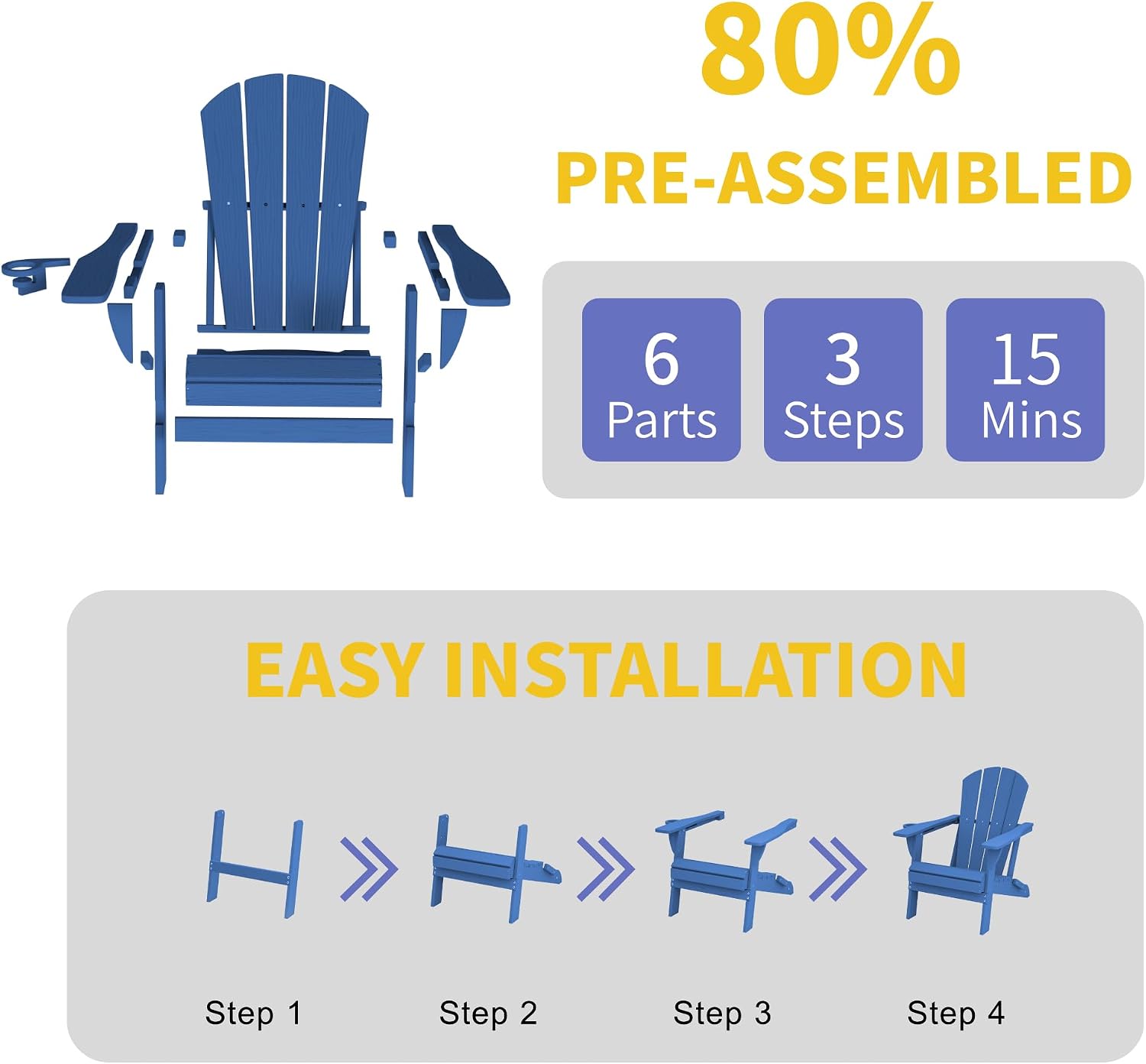 Kingdura Foldable Adirondack Chairs Set of 4, Portable HDPE All Weather Resistant Outdoor Patio Chair, Wooden Textured with Cup Holder, 380LBS Capacity for Poolside, Backyard, Fire Pit (Navy Blue)
