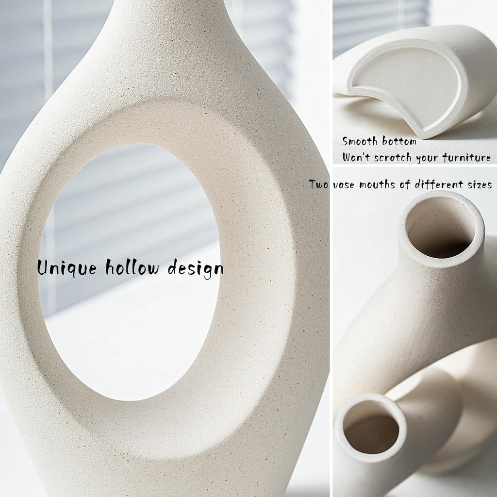 Snuggle Hollow XL Cream White Ceramic Vase Set of 2 for Coffee Table Decor, Modern Minimalist Aesthetic Donut Floral Vases, for Home Living Room Entryway Table Shelves Decorative (W 6.8" X H 11")
