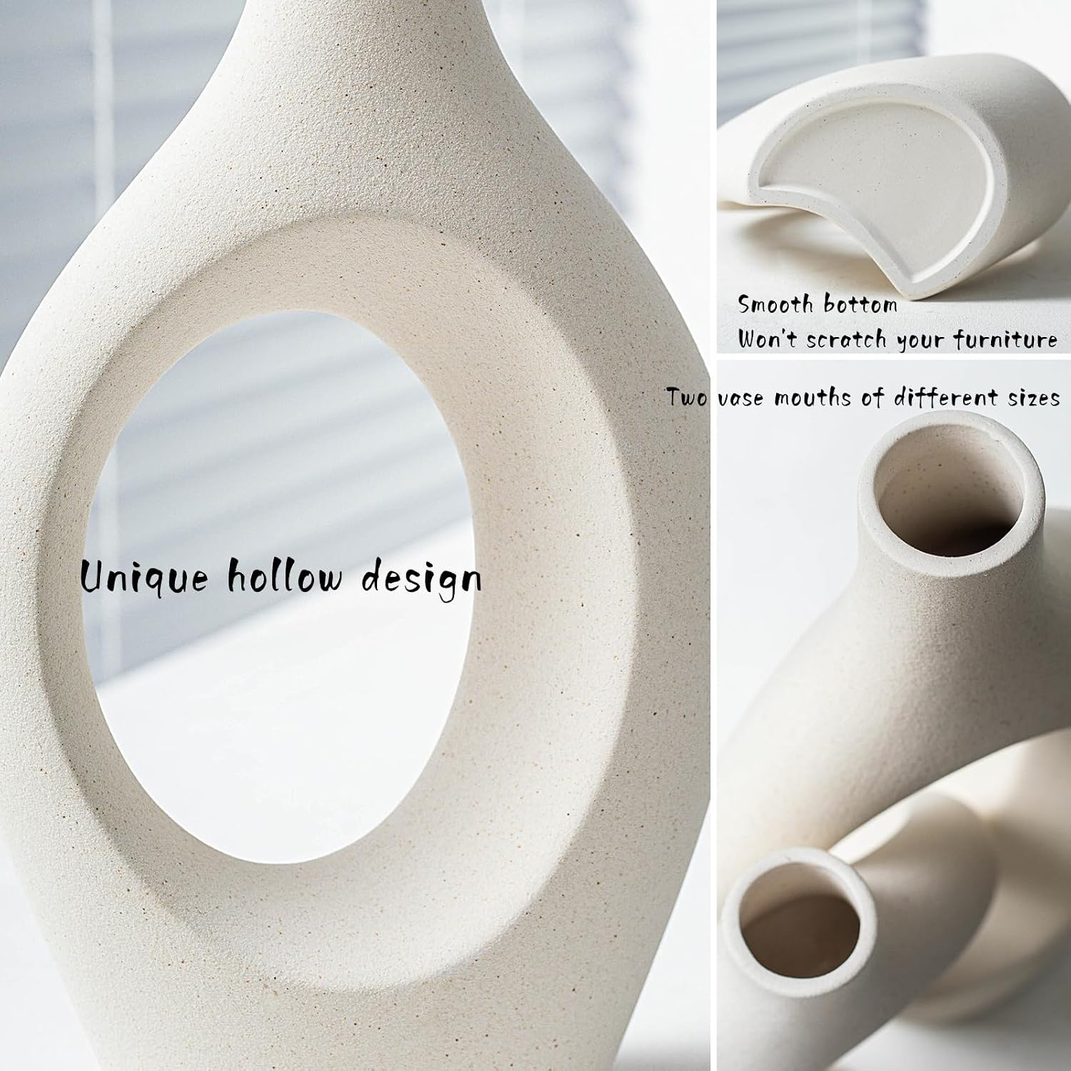 Snuggle Hollow XL Cream White Ceramic Vase Set of 2 for Coffee Table Decor, Modern Minimalist Aesthetic Donut Floral Vases, for Home Living Room Entryway Table Shelves Decorative (W 6.8" X H 11")