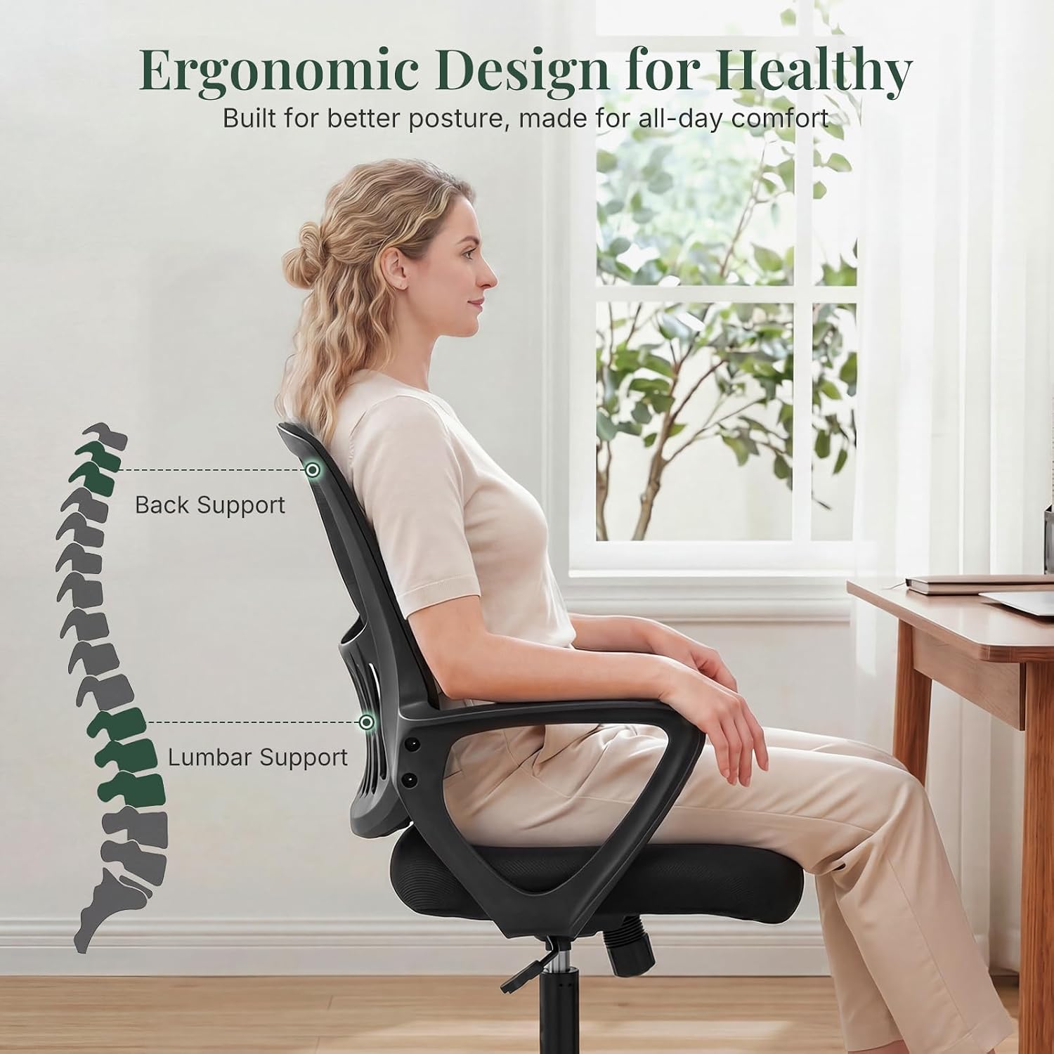 Home Office Desk Chair, Ergonomic Mid-Back Mesh Computer Task Chair with Comfortable Lumbar Support, Height Adjustable Swivel with Fixed Armrest for Adults, Student, Black