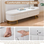 65" Curved Storage Ottoman Bench for Bedroom, Upholstered End of Bed Bench for King Size Bed, Oval Storage Bench with Gold Metal Legs, Bedroom Bench for Living Room Entryway, Beige Boucle