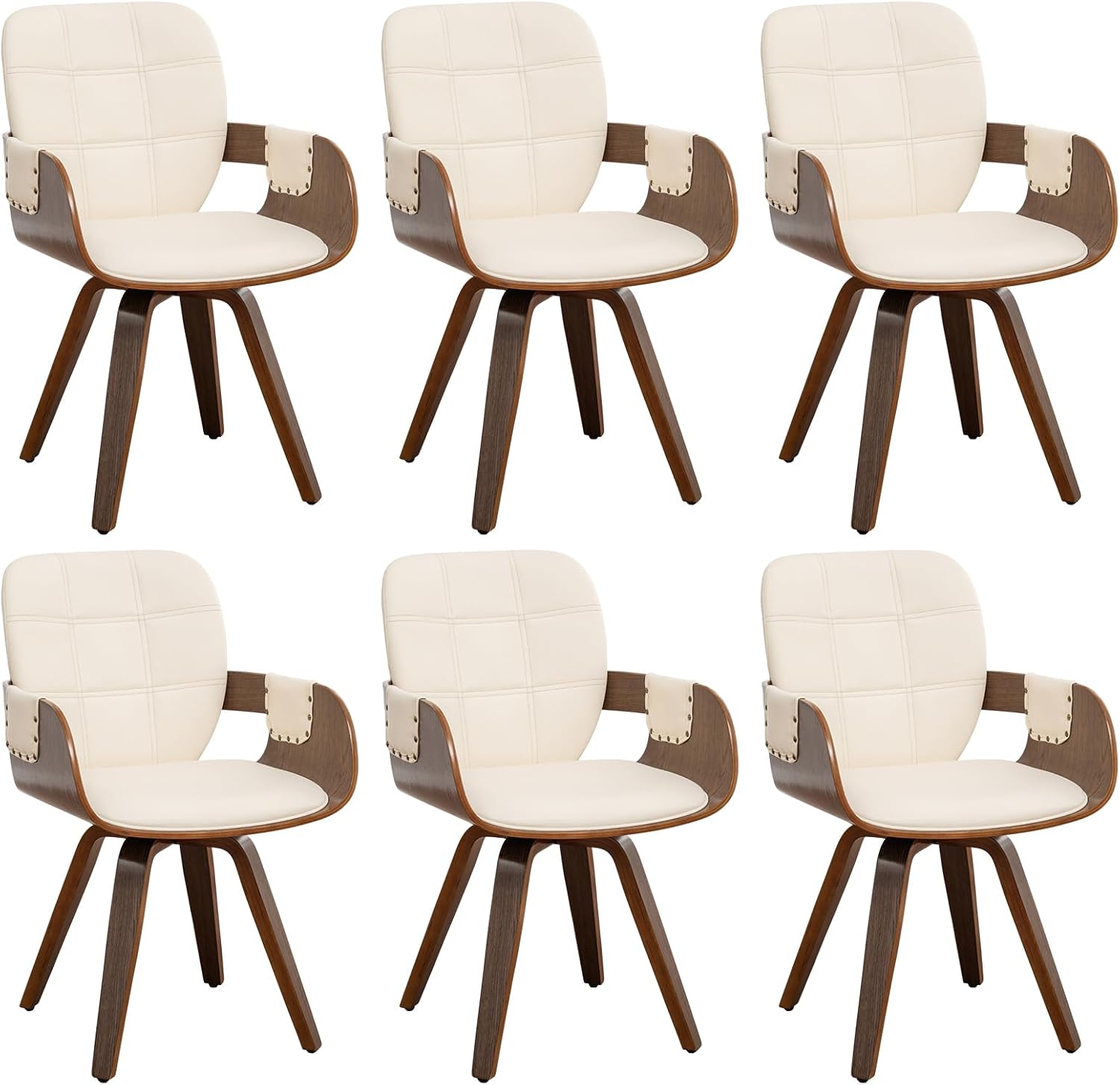 Dining Chairs Set of 6, 360° Swivel Faux Leather Dining Room & Kitchen Chairs with Arms, Ergonomic Curved Back, 19.7" Seat Height, Bentwood Solid Wood Frame, Walnut Finish, Mid-Century Modern, Beige