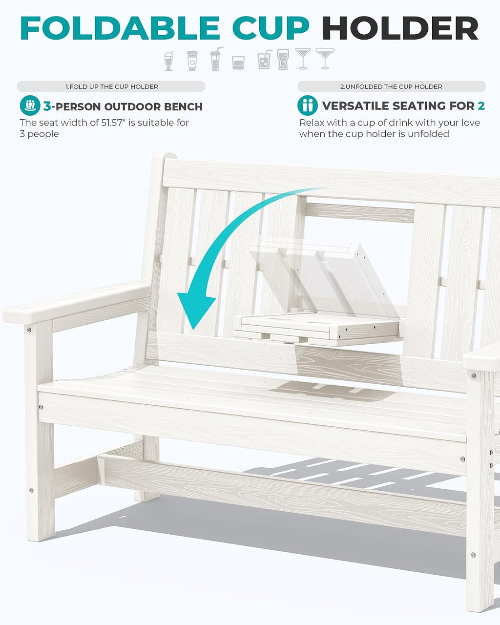 SERWALL Outdoor Bench with Cup Holder, Oversized 58" HDPE Porch Bench Suitable for 3 Person, All Weather Patio Benches with High Backrest for Garden, Park, Yard, Front Porch, White