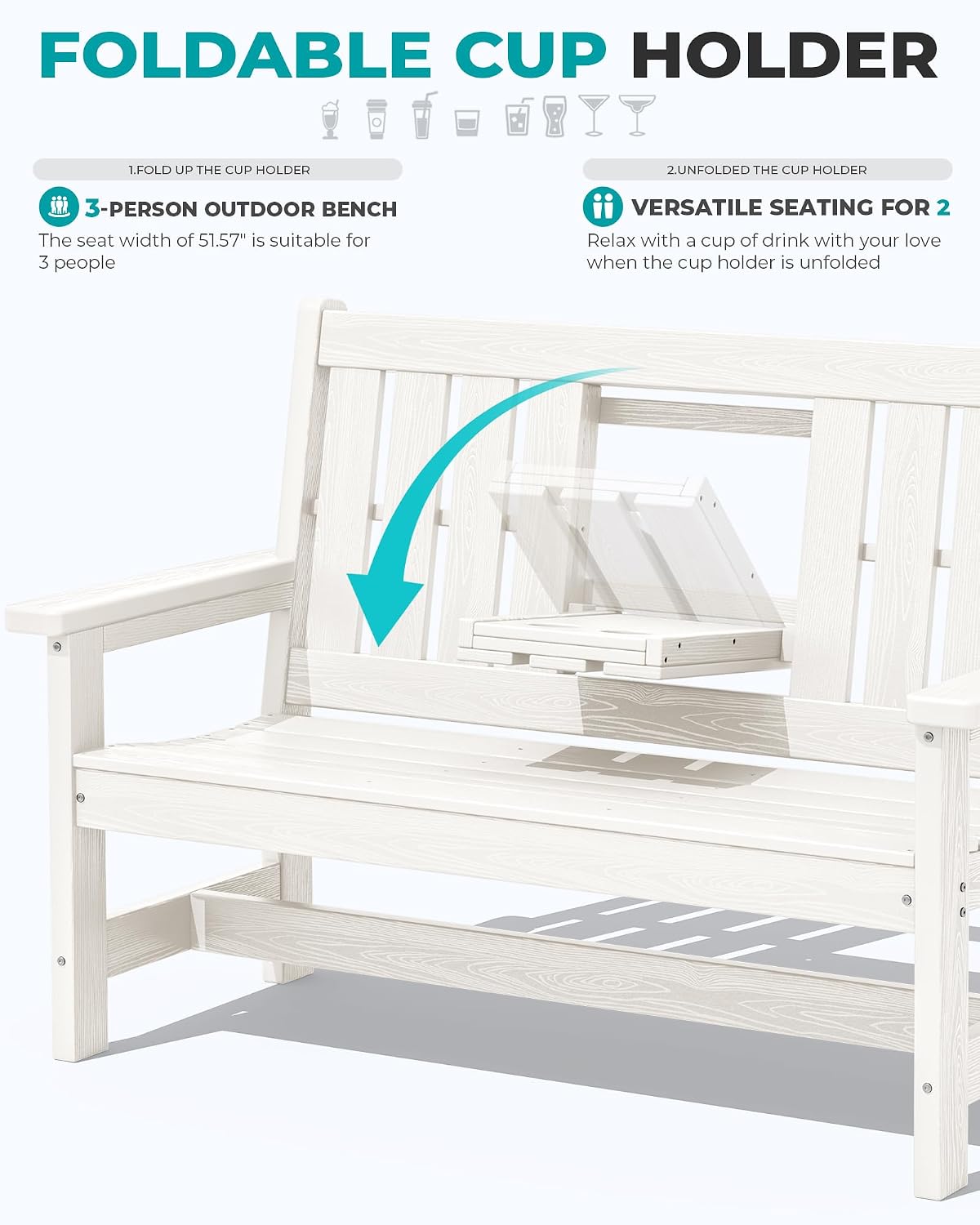 SERWALL Outdoor Bench with Cup Holder, Oversized 58" HDPE Porch Bench Suitable for 3 Person, All Weather Patio Benches with High Backrest for Garden, Park, Yard, Front Porch, White