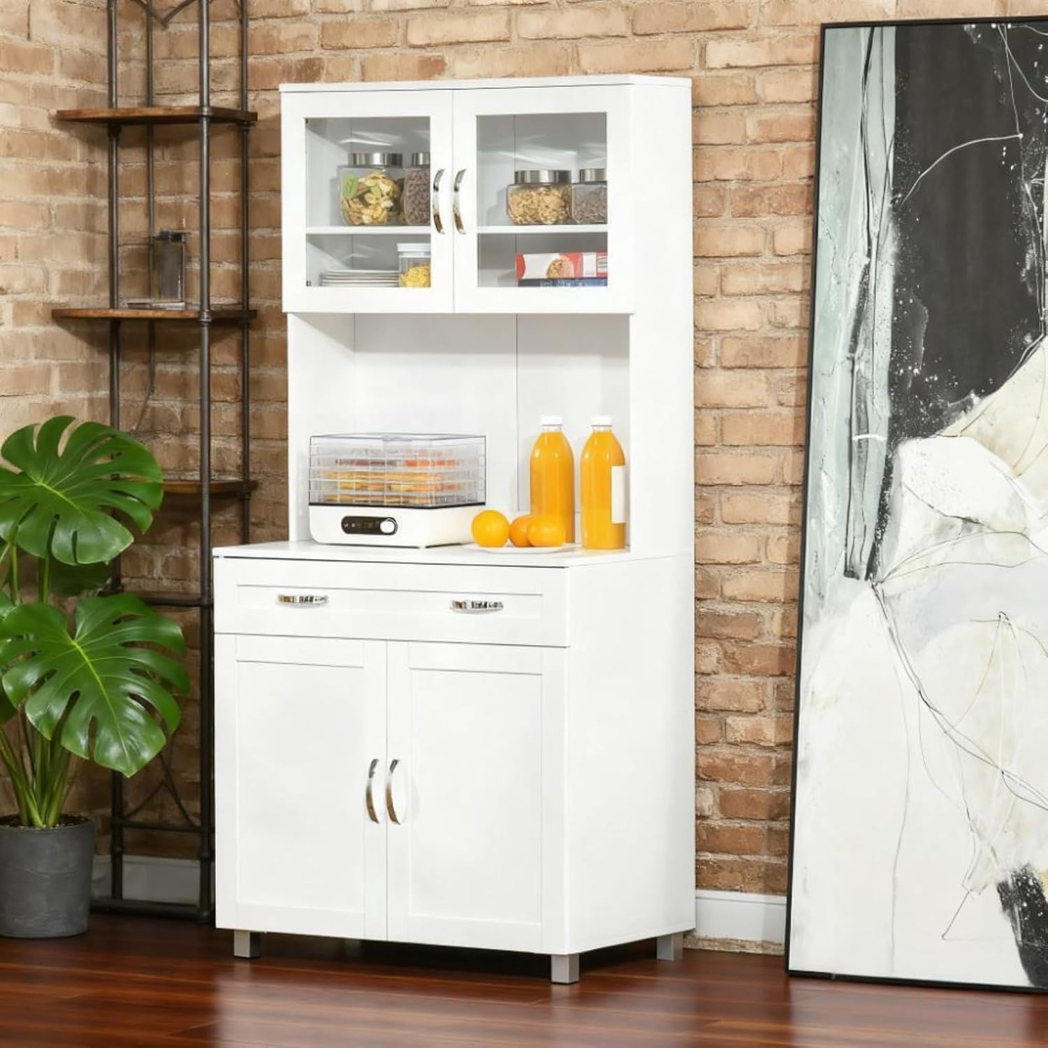 Hassyee Classic Contemporary Look Storage Cabinets, Kitchen Pantry Freestanding Storage Cabinet with 2 Double-Door Cabinets and 2 Framed Glass Doors