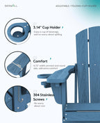 SERWALL Folding Adirondack Chair Set of 2, Adjustable Adirondack Chair with 3 Recline Positions, All Weather HDPE Outdoor Adirondack with Cup Holders, Blue