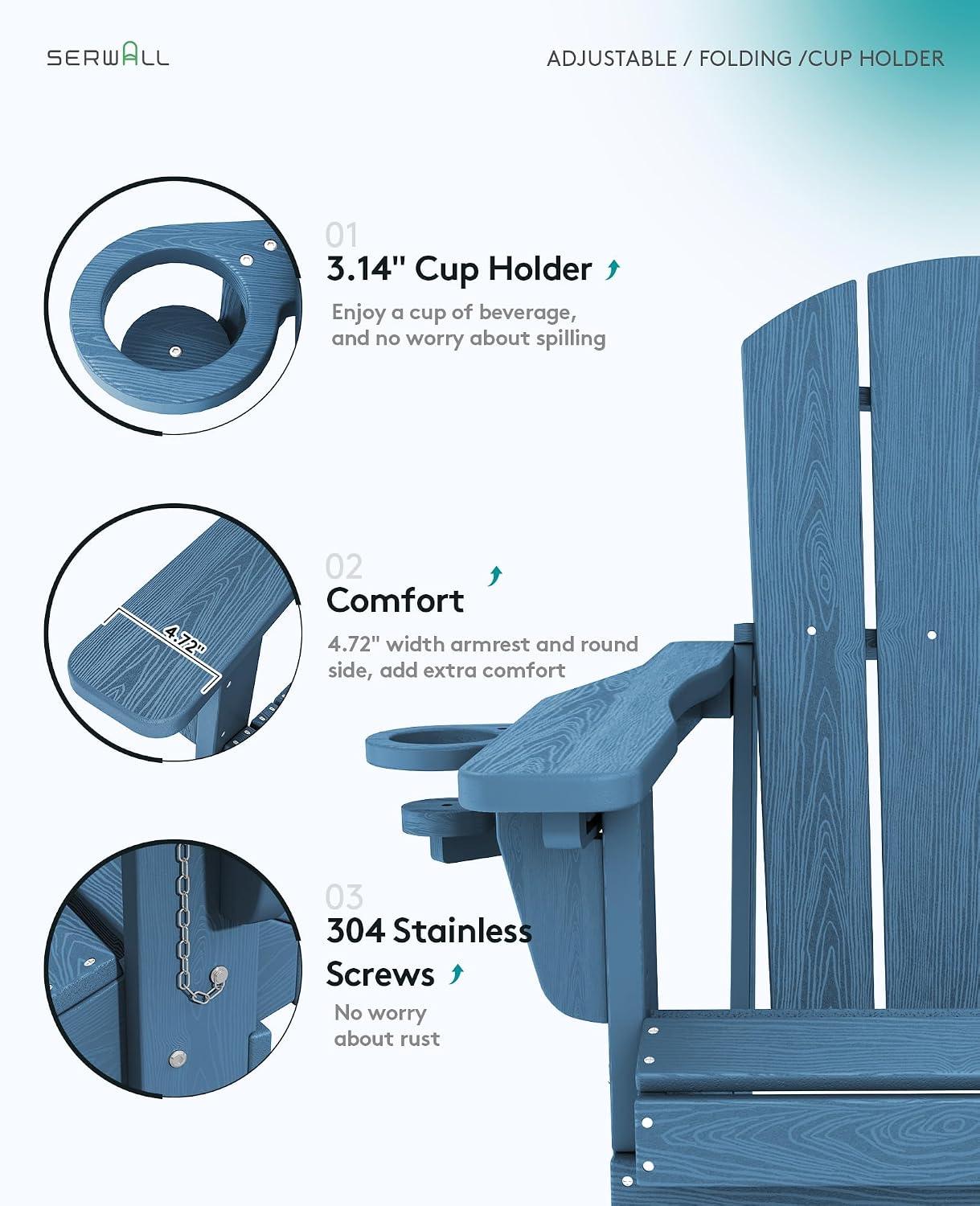 SERWALL Folding Adirondack Chair Set of 2, Adjustable Adirondack Chair with 3 Recline Positions, All Weather HDPE Outdoor Adirondack with Cup Holders, Blue