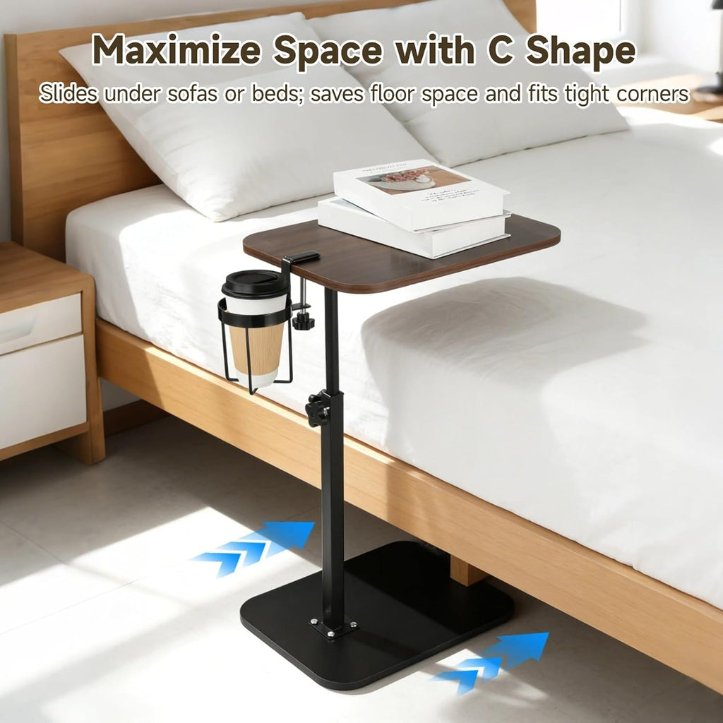 Rotating C Shaped Side Table with Cup Holder, Adjustable Height Sofa Side Table, 360 Swivel Tray Table, Slide Under Couch End Table for Bedside, Laptop, Small Space