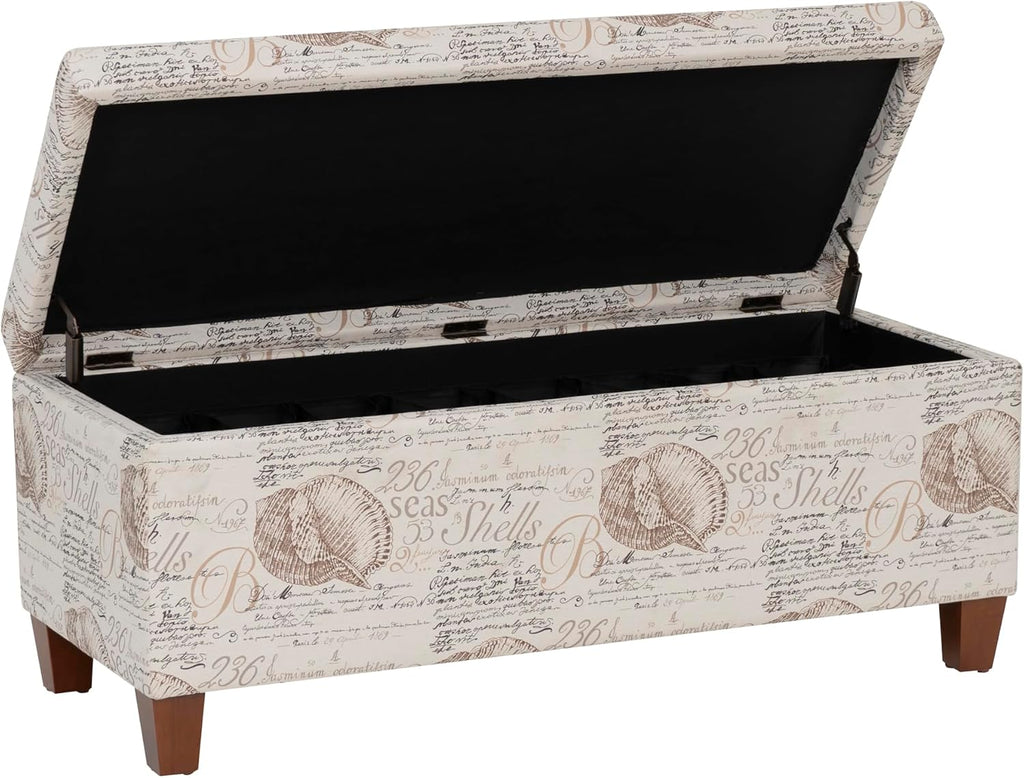 Linon Carmen Ivory and Beige Seashell Upholstered Lift Top Storage Ottoman with Wooden Feet