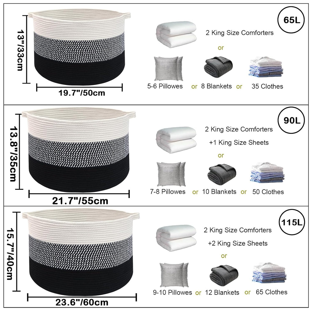 65L Large Blanket Basket,Woven Rope Laundry Basket Hamper with Handles,Decorative Nursery Basket Storage Bin for Toys, Pillows, Clothes Organizer, Living Room, Bedroom, Bathroom, Black
