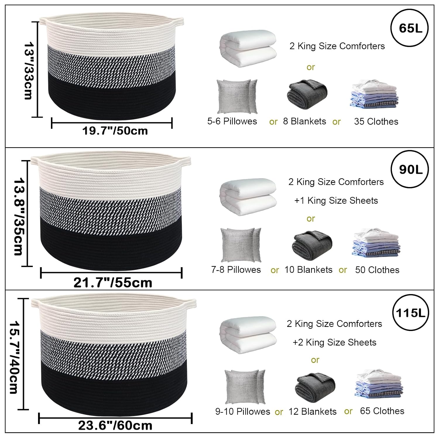 65L Large Blanket Basket,Woven Rope Laundry Basket Hamper with Handles,Decorative Nursery Basket Storage Bin for Toys, Pillows, Clothes Organizer, Living Room, Bedroom, Bathroom, Black