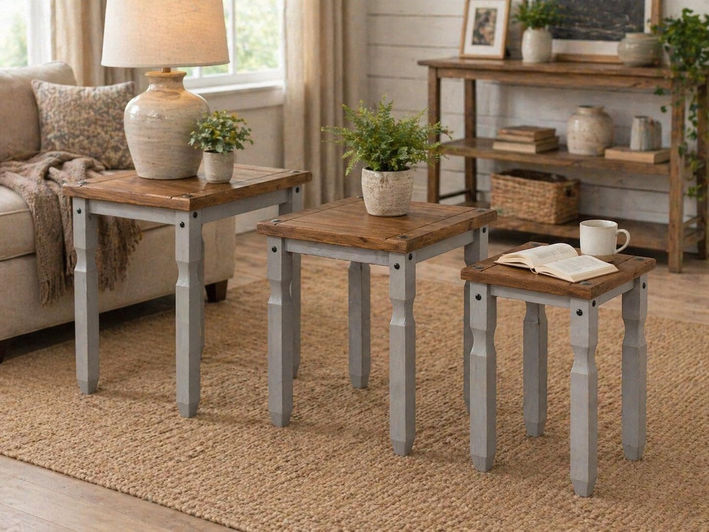 OSHOME 3-Piece Farmhouse Nesting Side Table Set – Solid Pine Wood End Tables in Corona Gray with Rustic Wood Top