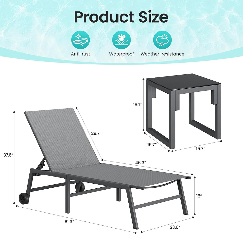 Amopatio Patio Lounge Chairs with Wheels 2 Outdoor Chaise Lounges and 1 Side Table for Poolside Adjustable Lounge Chair with Heavy-Duty Steel Frame for Backyard Poolside,400 LBS Capacity, Gray