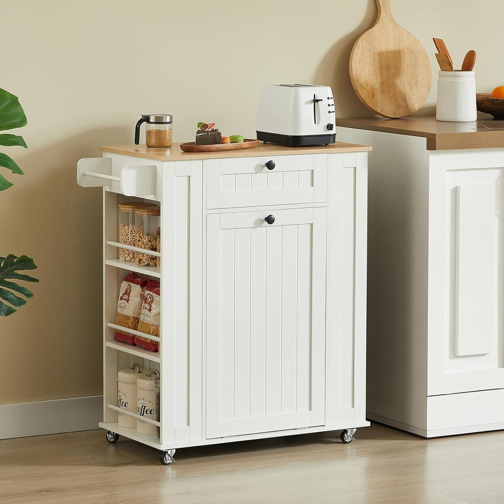 ONBRILL 35" Kitchen Island with Trash Can Cabinet & Power Outlet, Rolling Kitchen Cart with Storage Drawer, 6-Tier Spice Rack, Portable Sideboard Table for Dining Room, Living Room, White