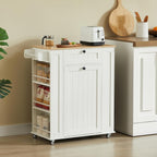 ONBRILL 35" Kitchen Island with Trash Can Cabinet & Power Outlet, Rolling Kitchen Cart with Storage Drawer, 6-Tier Spice Rack, Portable Sideboard Table for Dining Room, Living Room, White