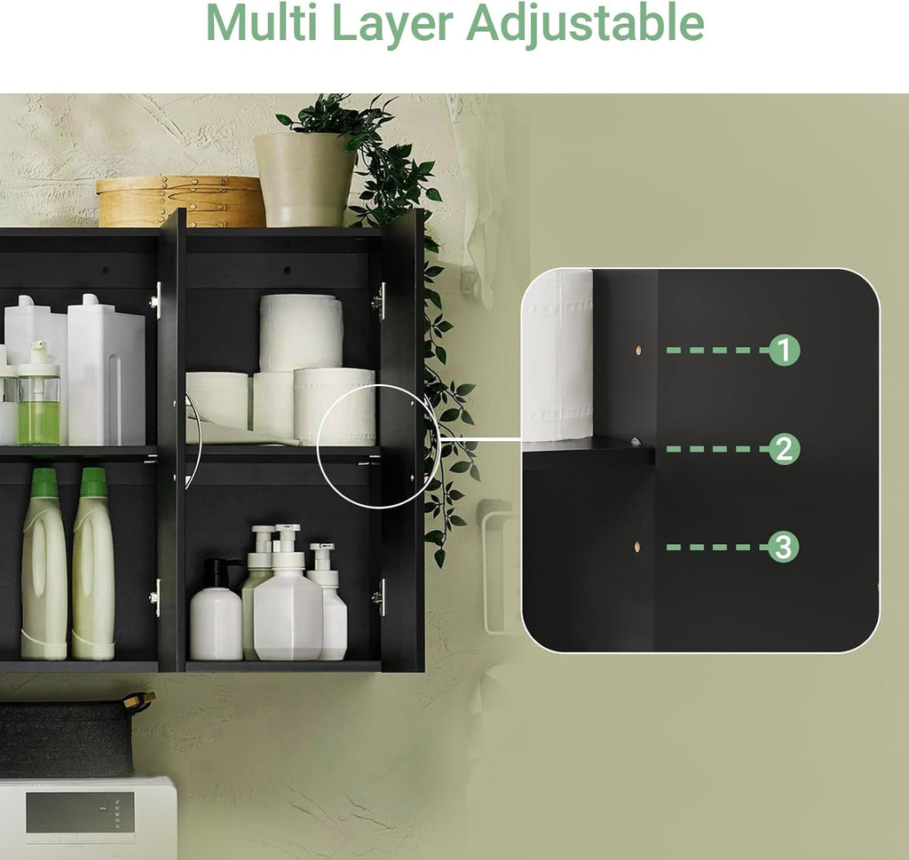 3-Doors Bathroom and Laundry Room Wall Cabinet with Adjustable Shelves, Medicine Cabinet, Wall Mounted MDF Storage Organizer Over Toilet or Washer, Black, HUS-FRG231-L
