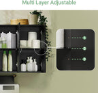 3-Doors Bathroom and Laundry Room Wall Cabinet with Adjustable Shelves, Medicine Cabinet, Wall Mounted MDF Storage Organizer Over Toilet or Washer, Black, HUS-FRG231-L