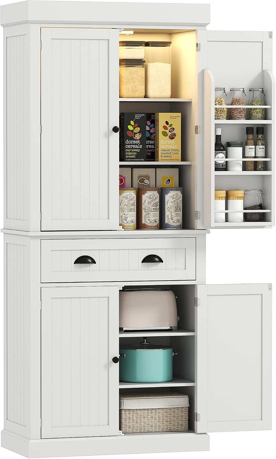 HOMCOM 71" Kitchen Pantry Cabinet with LED Motion Sensor Light, Tall Storage Cabinet with 6 Door Shelves, Drawer & Adjustable Shelves, for Living & Dining Room, White