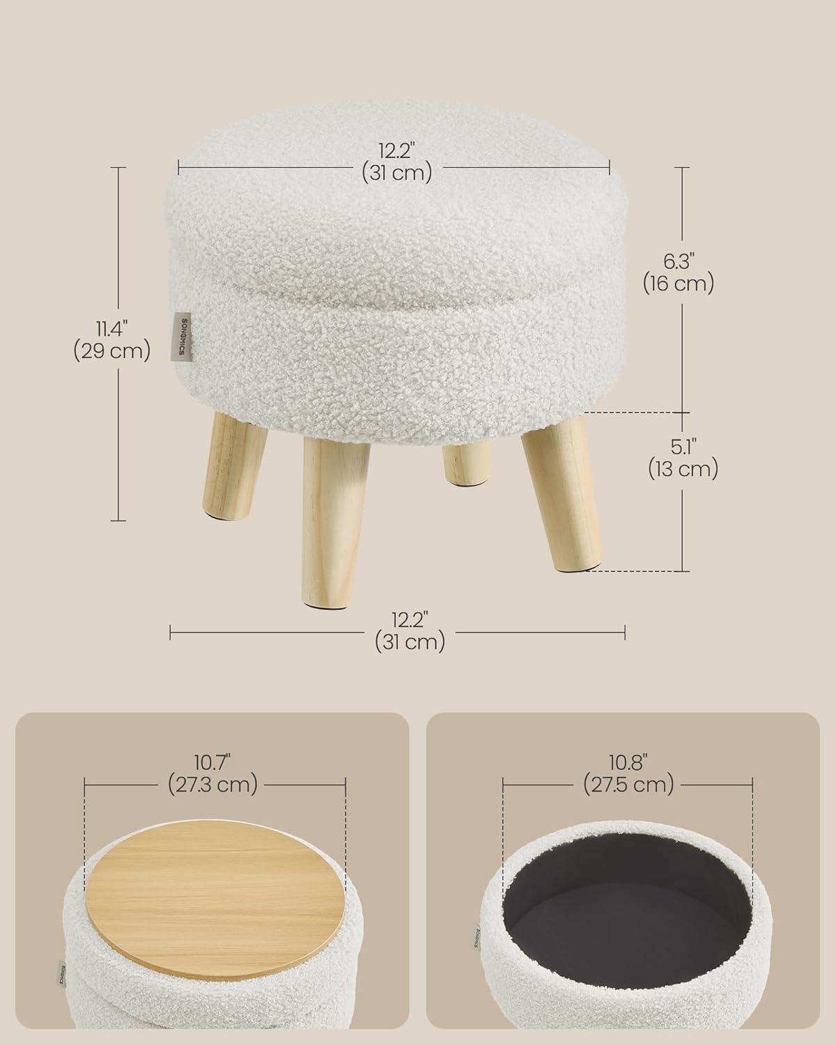 SONGMICS Storage Ottoman, Foot Stool, Round Ottoman with Padded Seat, Foot Rest with Wood Legs, Small Table, for Hallway, Living Room, 12.2 Inches, Teddy Fleece, White ULOM515WD01