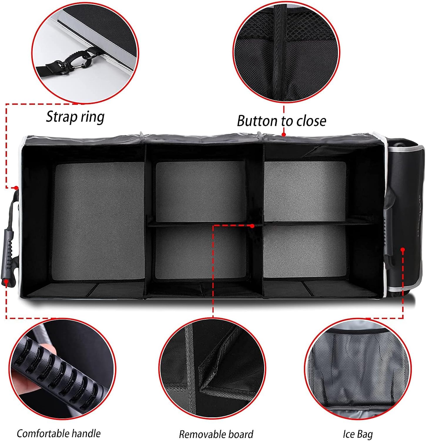 Homeve Car Trunk Organizer for SUV, 25Gal Large Capacity No-Sag Heavy Duty, Foldable Waterproof Anti-Slip Storage with 12 Pockets, Fit Sedan,Truck,Universal Car Accessories, Black, 3 Compart, Large