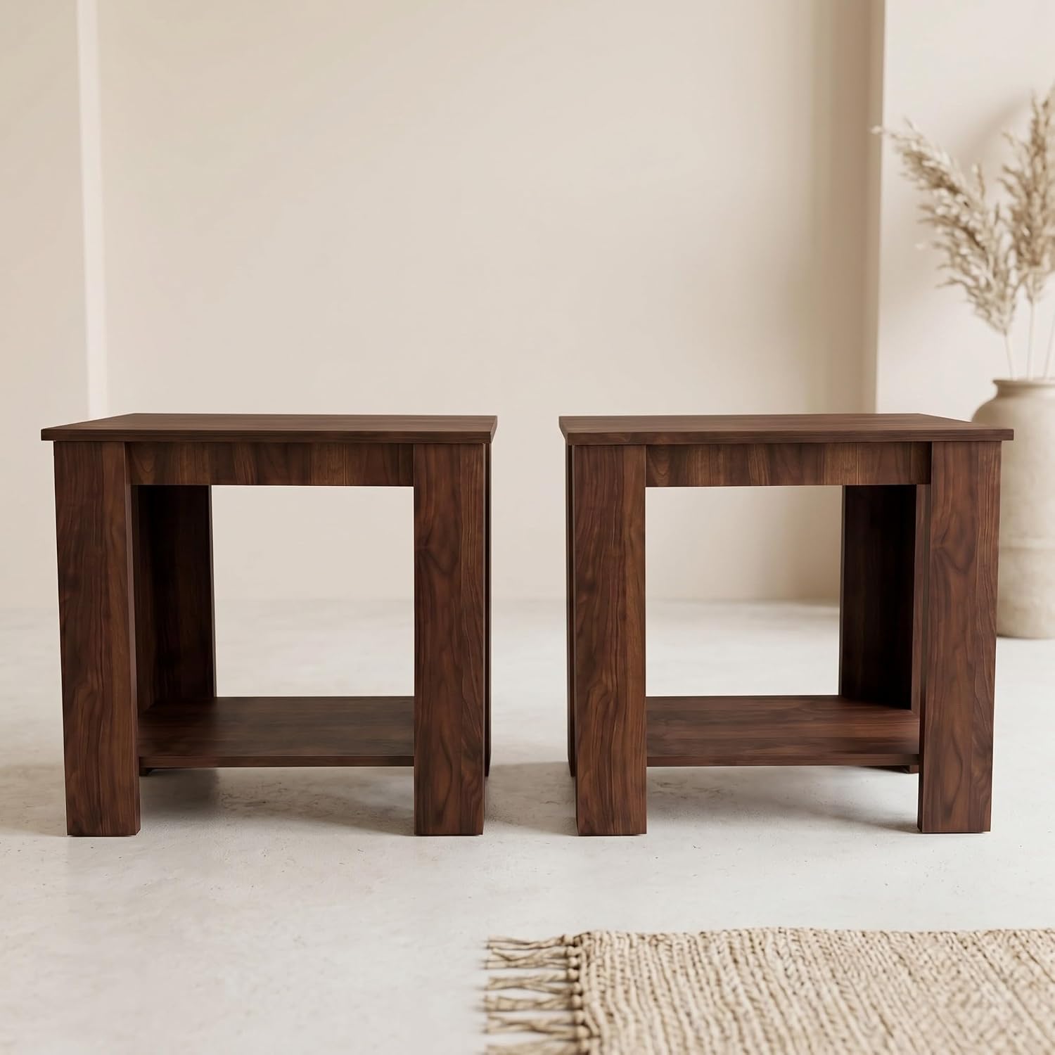 HOME DESIGN Telluride End Table Set of 2, Modern Wood Accent Tables with Lower Shelf, Living Room/Bedroom Side Tables — Available in Walnut or Black Finish