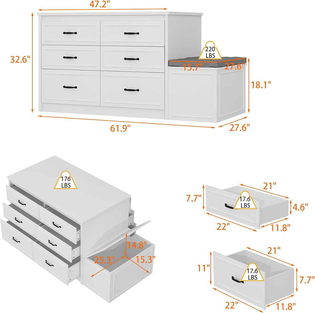 FUFU&GAGA Closet Island with 12 Drawers, Storage Bench with Cushion & Flip Door for Walk-in Closet, Shoe Bench Seating Island with Hidden Storage for Dressing Room, White, 61.9”W x 27.6”D x 32.6”H