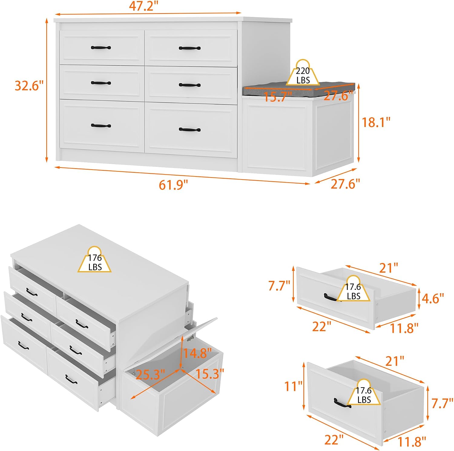 FUFU&GAGA Closet Island with 12 Drawers, Storage Bench with Cushion & Flip Door for Walk-in Closet, Shoe Bench Seating Island with Hidden Storage for Dressing Room, White, 61.9”W x 27.6”D x 32.6”H