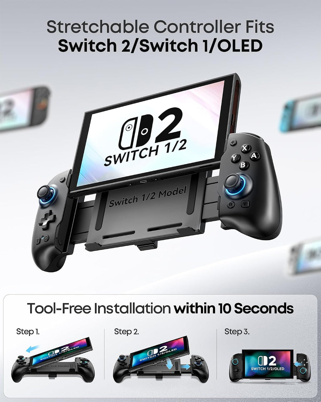 Handheld Grip Controller for Switch 1/2/OLED, Ergonomic Stretch Joypad with TMR Joysticks, Wireless Controller for SW Console, Switch Accessories with RGB Lighting, Turbo, 4 Macros & Card Slot