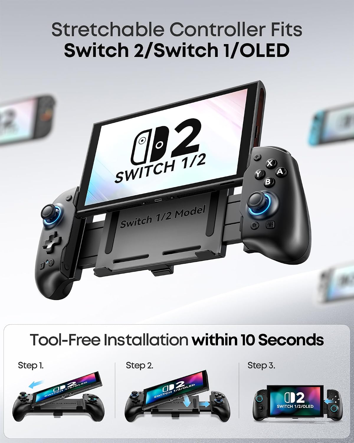 Handheld Grip Controller for Switch 1/2/OLED, Ergonomic Stretch Joypad with TMR Joysticks, Wireless Controller for SW Console, Switch Accessories with RGB Lighting, Turbo, 4 Macros & Card Slot