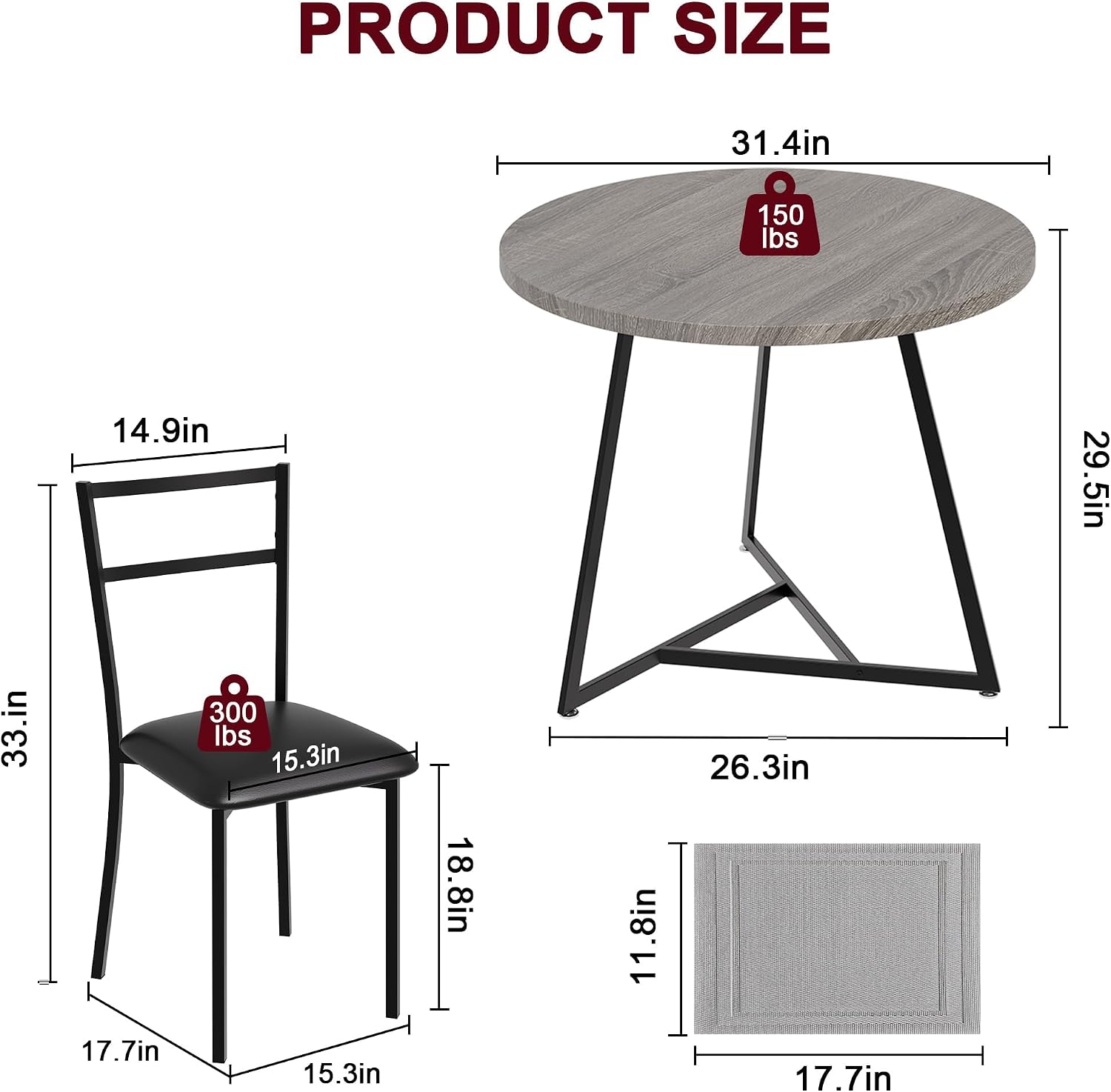 3-Piece Round Dining Set for 2 - Compact 31.4" Rustic Gray Kitchen Table with Upholstered Chairs, Space-Saving Breakfast Set for Small Spaces, Apartments & Studio Living