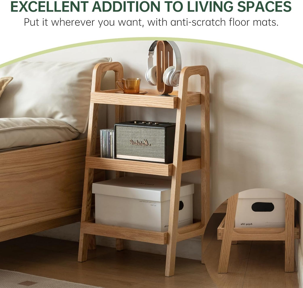 100% Solid Wood 3-Tier Ladder Shelf, Small Bookcase, Storage End Table, Open Display Stand for Living Room, Bedroom, Kitchen, Bathroom (Original Wood Color)