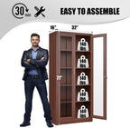 71" Display Cabinet, Metal Kitchen Storage Cabinet, Curio Display Case with Glass Doors and 4 Adjustable Shelves, Locking Cabinets for Kitchen, Hallway, Living Room, Wood Color -Assembly Required