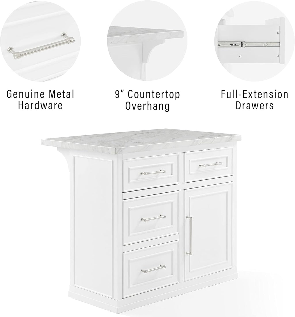 Crosley Furniture Cutler Faux Marble Top Kitchen Island with Storage, Breakfast Bar, Microwave Stand, White