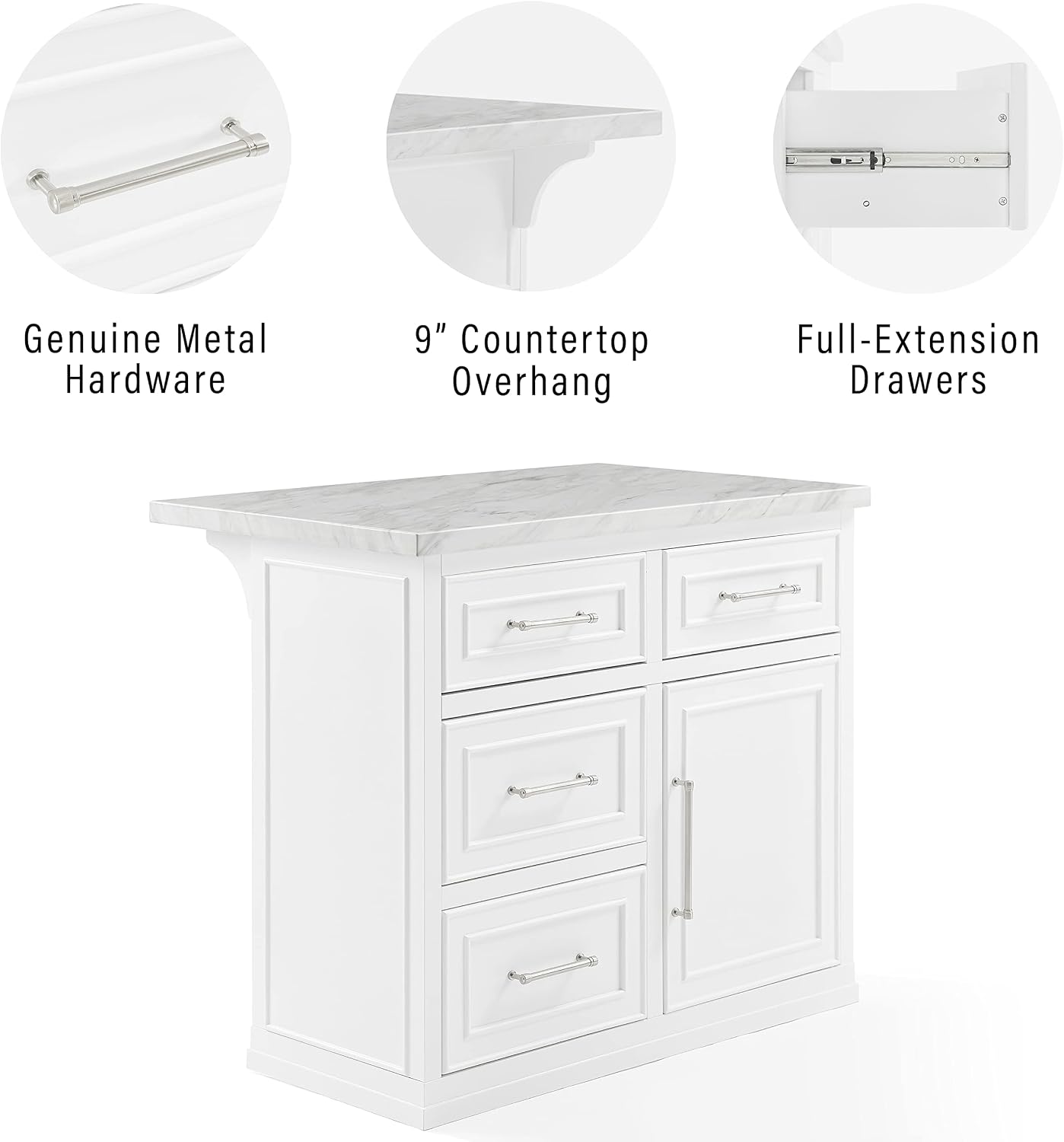 Crosley Furniture Cutler Faux Marble Top Kitchen Island with Storage, Breakfast Bar, Microwave Stand, White