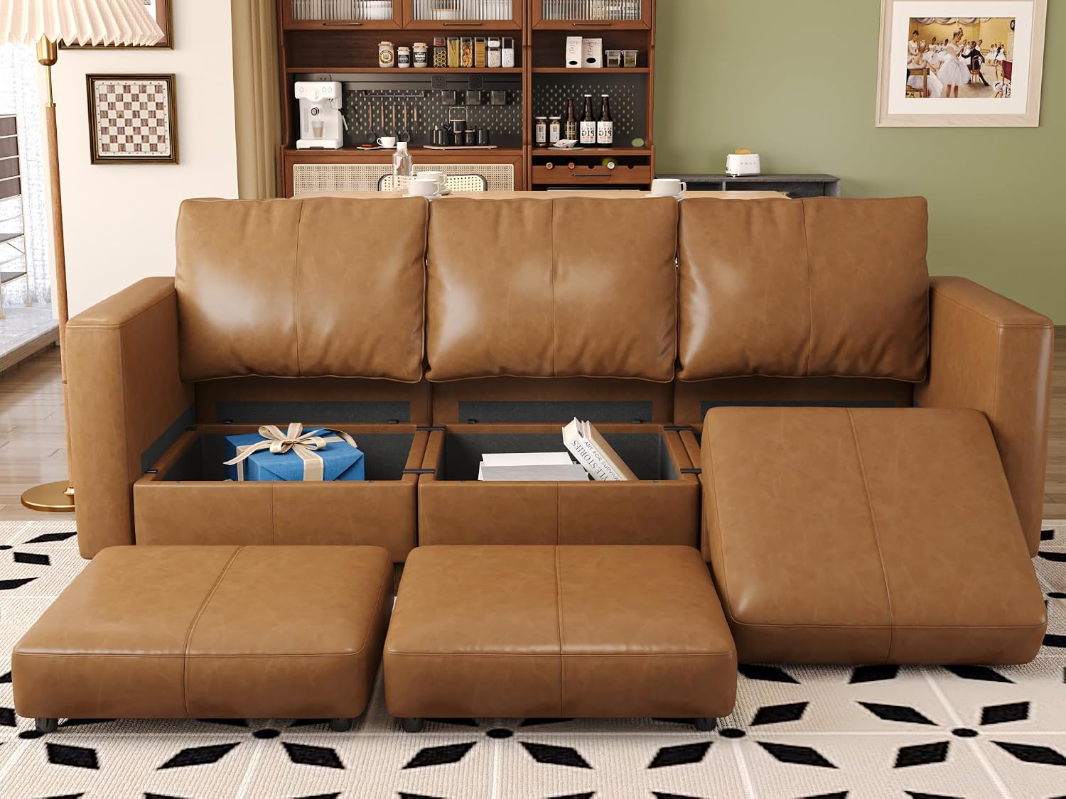 EASE MOOSE Modular Sectional Loveseat Sofa Couch with Storage Seats, 2 Seat Faux Leather Convertible Modular Sofa Love Seats for Small Spaces，Brown