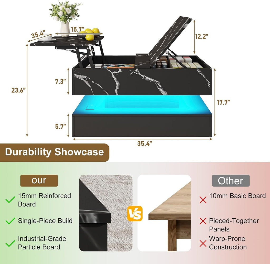 35.4" Large Square Coffee Table with Lifting top,Charging Station,Modern 2-Tier Square Center Table w/Hidden Compartment Storage,Tea Table with Wood Grain for Living Room, Office,Black Marble