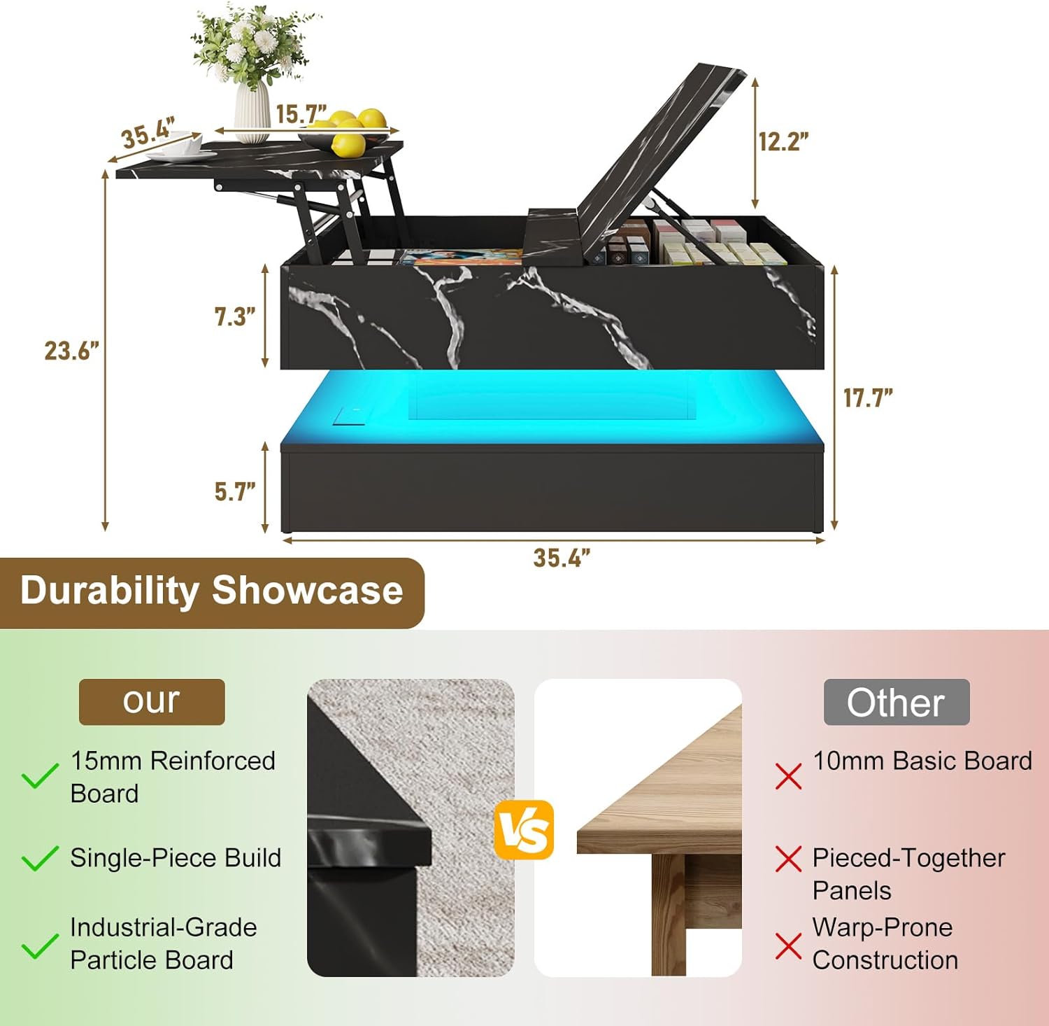 35.4" Large Square Coffee Table with Lifting top,Charging Station,Modern 2-Tier Square Center Table w/Hidden Compartment Storage,Tea Table with Wood Grain for Living Room, Office,Black Marble