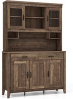 Byroce Kitchen Pantry Cabinet, Farmhouse 78.5” Tall Storage Cabinet w/Countertop, Adjustable Shelves & Drawers, Microwave Shelf w/Hutch, Wooden Buffet Sideboard w/Tempered Glass Doors, Rustic Brown