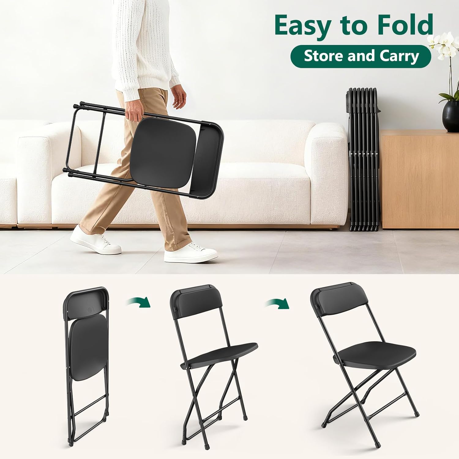 Folding Chairs 4 Pack, Outdoor Plastic Sturdy Metal Folding Chairs for Outside Indoor, Portable 350 lbs Capacity Heavy Duty Foldable Commercial Seating for Picnic, Party, Patio, Office, Black Color