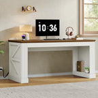 63-Inch Farmhouse Executive Desk, Long Computer Desk with Built-in Charging Station & Bottom Storage, Home Office Writing Study Desk for Bedroom, Living Room, White and Walnut
