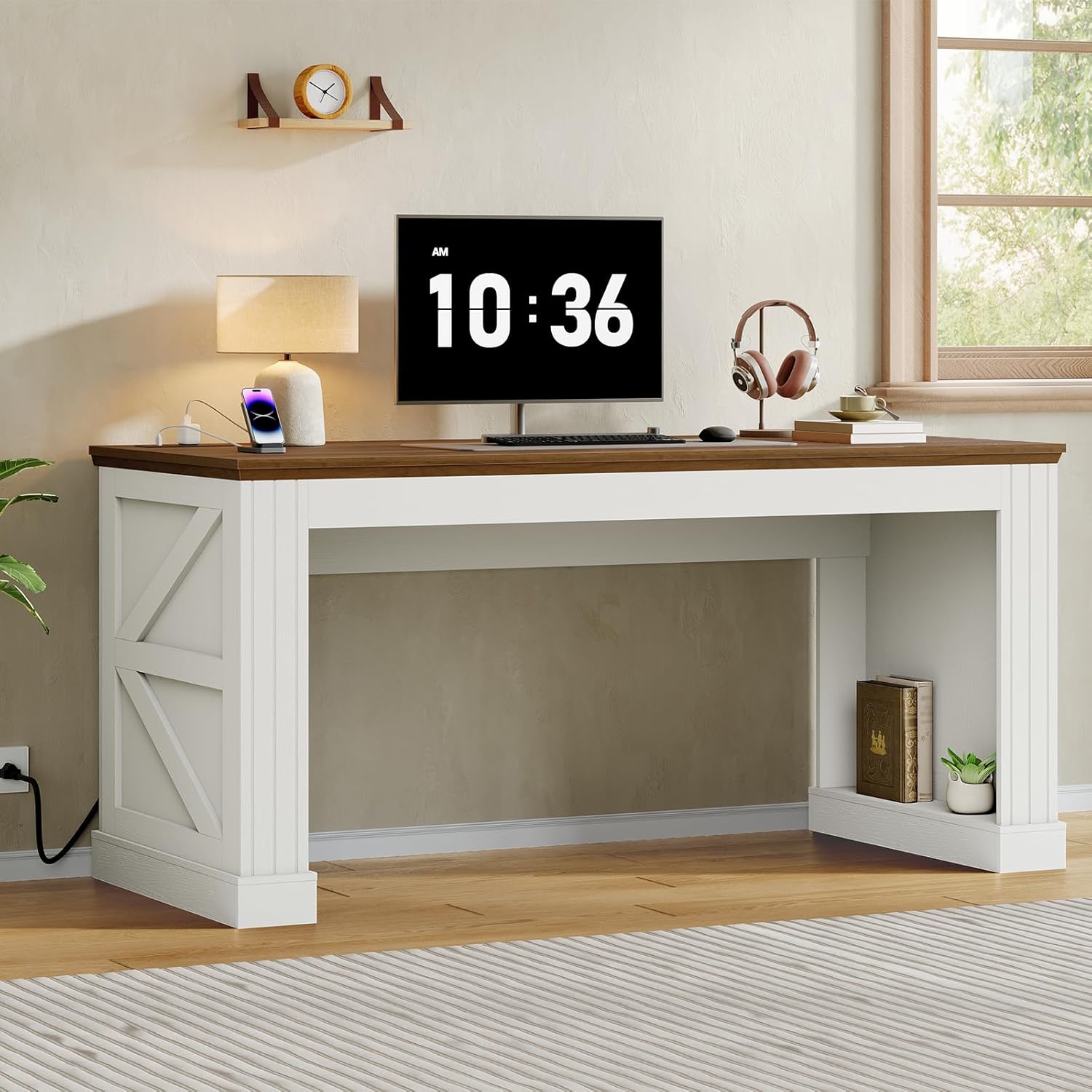 63-Inch Farmhouse Executive Desk, Long Computer Desk with Built-in Charging Station & Bottom Storage, Home Office Writing Study Desk for Bedroom, Living Room, White and Walnut