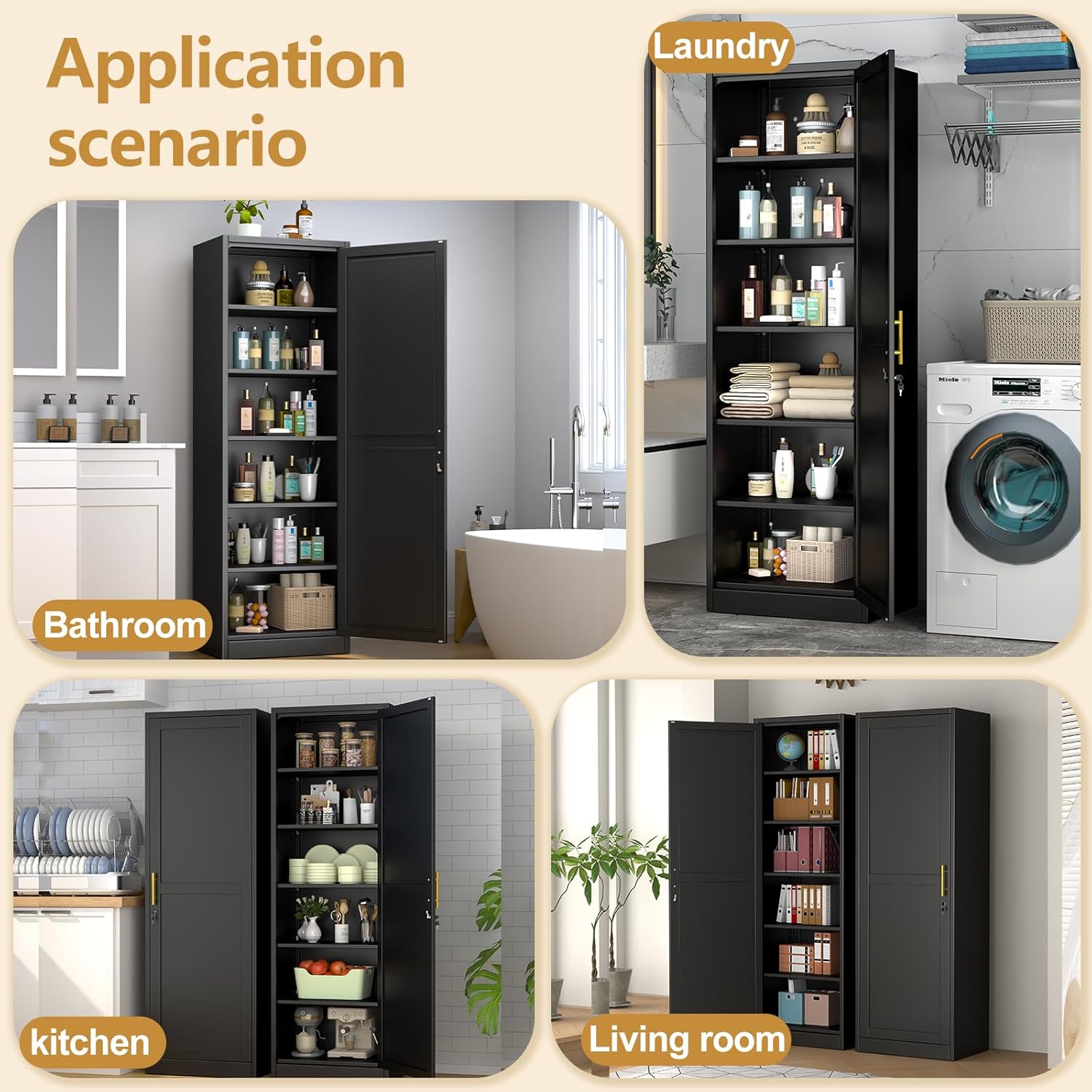 Tall Narrow Slim Metal Storage Cabinet with Lock and 5 Adjustable Shelves,Steel File Cabinets,Kitchen Pantry Cabinet Locker Organizer - 67" Storage Cabinets for Bathroom,Bedroom,Office,Black