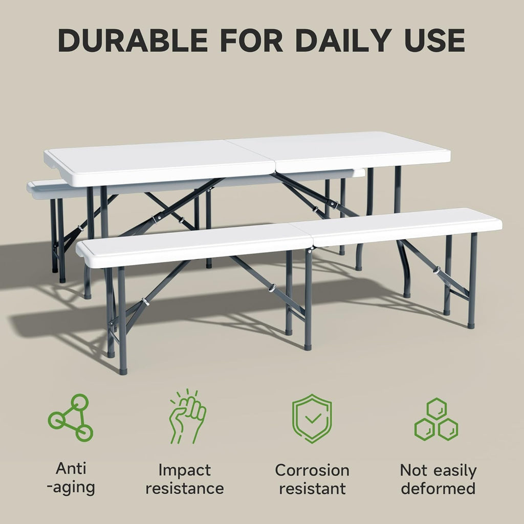 6FT Folding Table Set with 2 Folding Benches, Locking Safety Design, Heavy Duty HDPE Materials, 3-Piece Portable Folding Furniture for Camping, Picnic, Party, Indoor & Outdoor,White