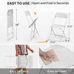 VINGLI 2 Pack White Plastic Folding Chair, Indoor Outdoor Portable Stackable Commercial Seat with Steel Frame 350lb. Capacity for Events Office Wedding Party Picnic Kitchen Dining