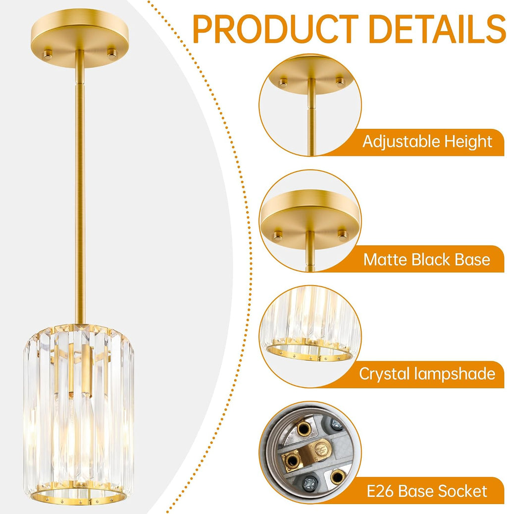Gold Pendant Light, Modern Crystal Pendant Lights Kitchen Island, Kitchen Island Lighting with Adjustable Height, UL Certified Island Lights for Kitchen Dining Room Bedroom Hallway 3 Pack